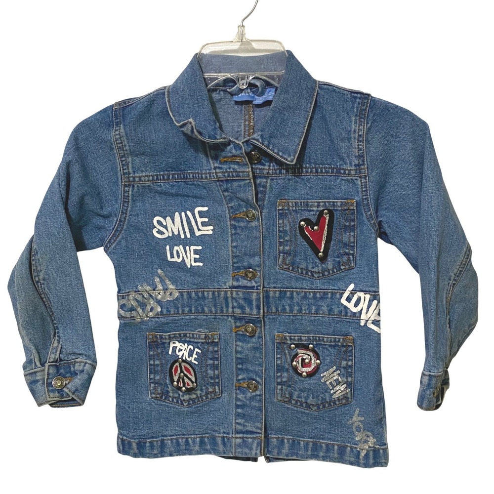 Vintage‎ 90s Y2K Girls Graffiti Style Jean Jacket Size 5 Blue Love Smile Peace